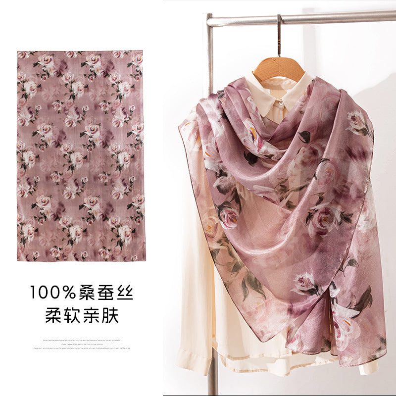 Mulberry Silk Long Scarf with Bohemian Floral Print – Lightweight Spring Shawl for Women