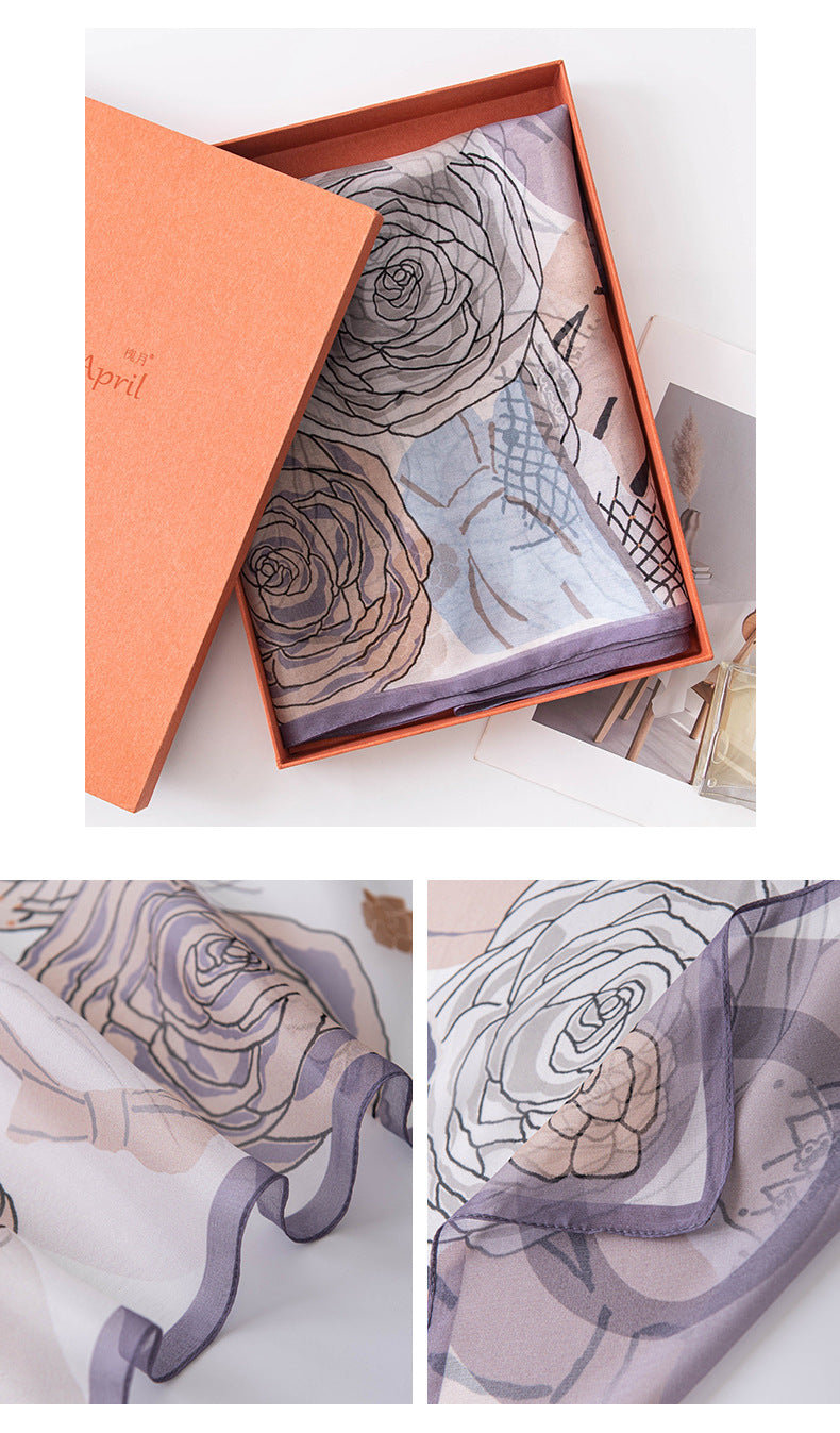 Floral Print Silk Scarf – Lightweight Mulberry Silk Wrap with Botanical Motifs for All Seasons