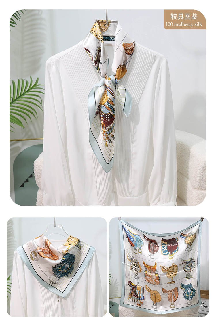 Mulberry Silk Square Scarf – 100% Pure Silk Bandana with Vintage French Print, Spring Accessory for Women