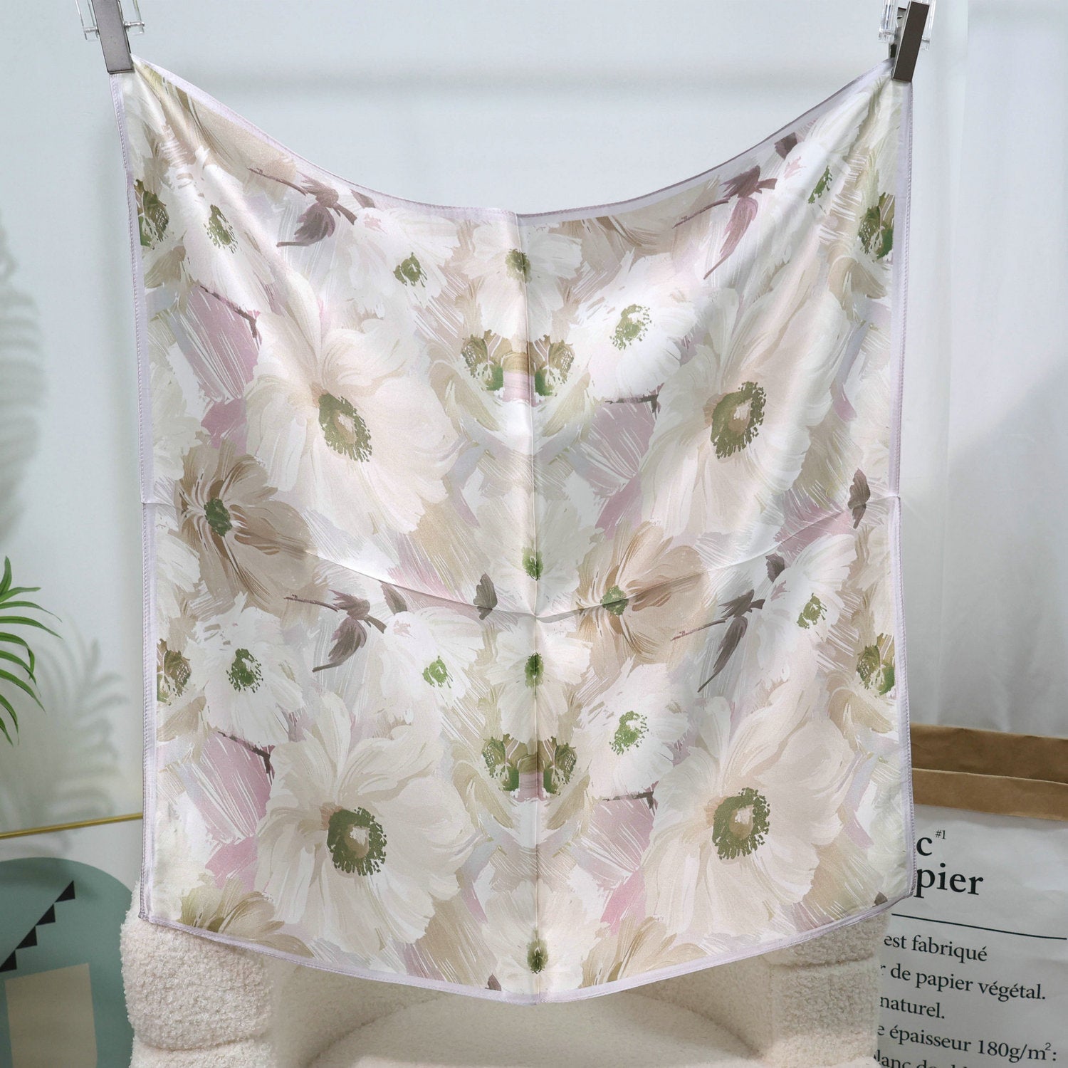 Mulberry Silk Square Scarf – 100% Pure Silk Bandana with Vintage French Print, Spring Accessory for Women