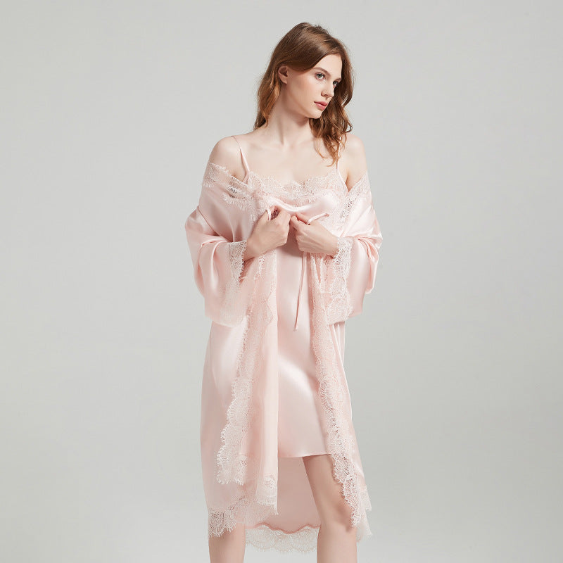 Lace Tie 100% Mulberry Silk Robe & Camisole Set – Romantic V-Neck Loungewear