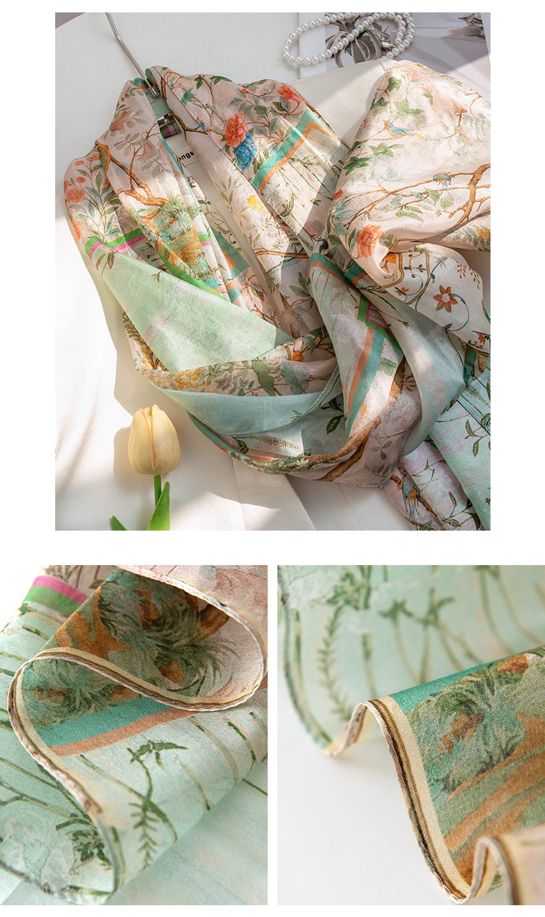 Mulberry Silk Long Scarf for Women – Lightweight Floral Print Shawl Wrap for Spring, 69 x 43 in