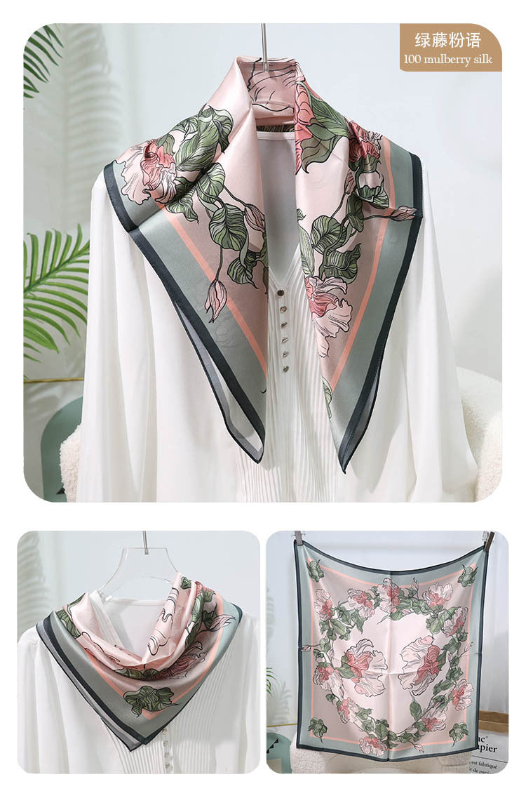 Mulberry Silk Square Scarf – 100% Pure Silk Bandana with Vintage French Print, Spring Accessory for Women