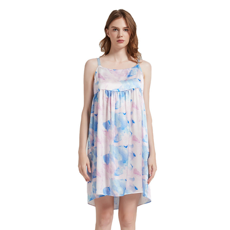 Back view of watercolor print silk cami dress with delicate straps