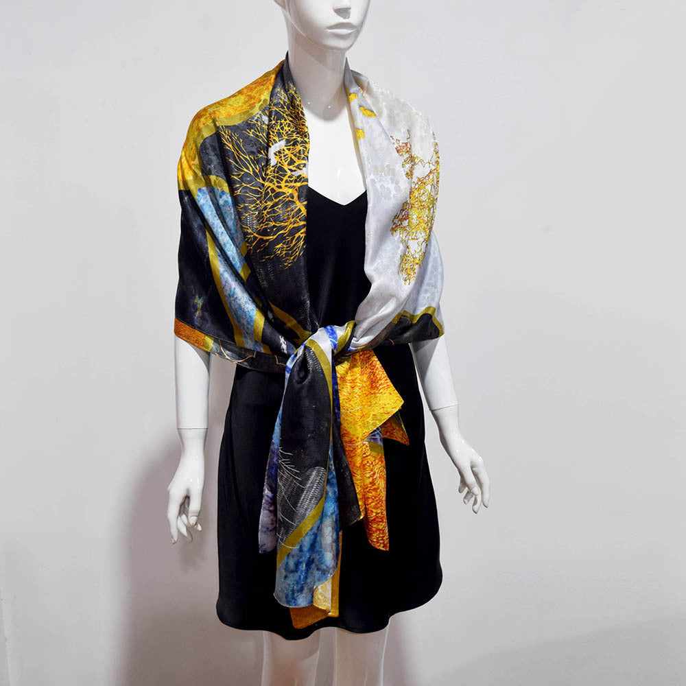 Mulberry Silk Long Scarf with Tone-on-Tone Jacquard Weave – Bohemian & Vintage Floral Print, 43 x 75 in