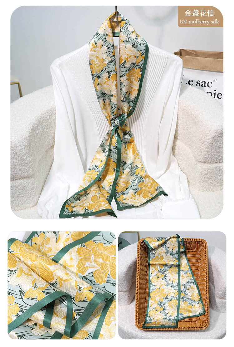 Printed Mulberry Silk Slim Scarf – 16 x 150 cm Long Neck Scarf with Trailing Ribbon for Spring