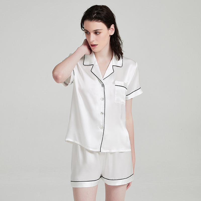 19 Momme 100% Mulberry Silk Short Sleeve Pajama Set – Notched Collar Loungewear with Shorts