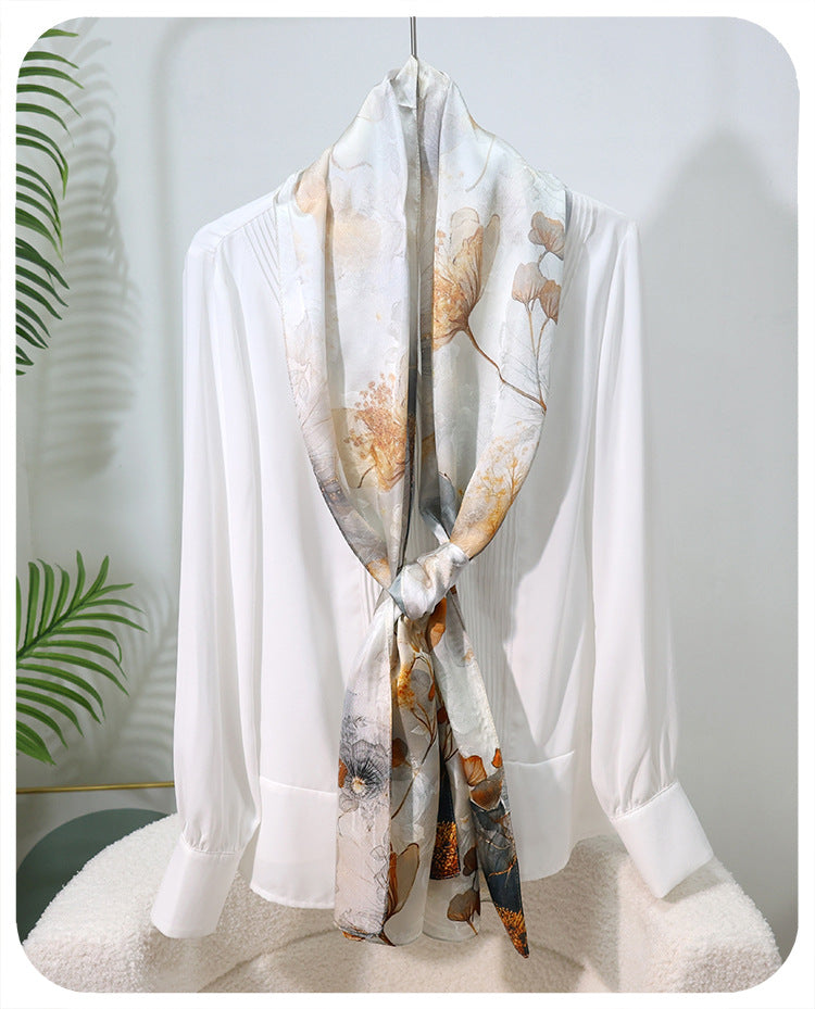 100% Mulberry Silk Floral Jacquard Long Scarf with Chinese-Inspired Botanical Prints, 53 x 170 cm (21 x 67 in) Lightweight Spring Shawl