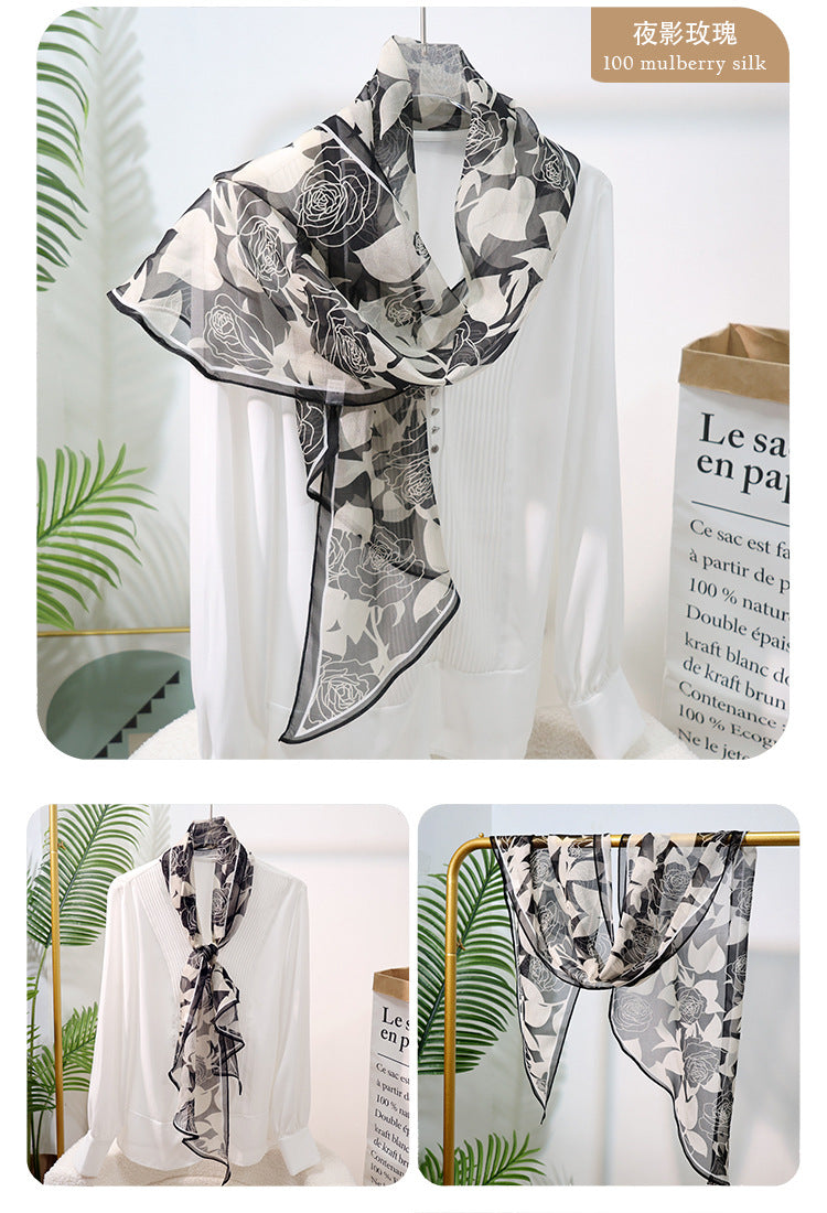 Long Oblique Silk Scarf with Polka Dot Print – 100% Mulberry Silk Lightweight Stole for Neck, Head & Hair, 33 x 160 cm