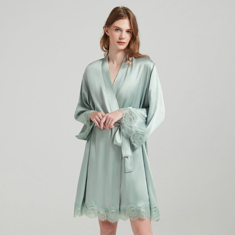 Women's 19 Momme 100% Mulberry Silk Lace-Trim Camisole & Robe Sleepwear Set