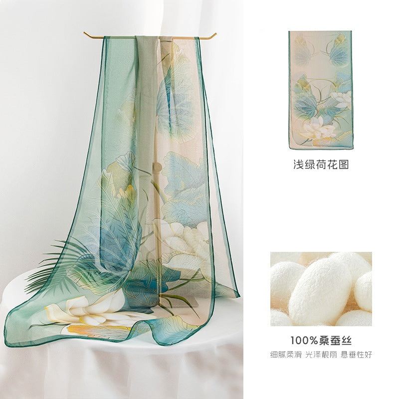 Floral Print Silk Scarf – Lightweight Mulberry Silk Wrap with Botanical Motifs for All Seasons