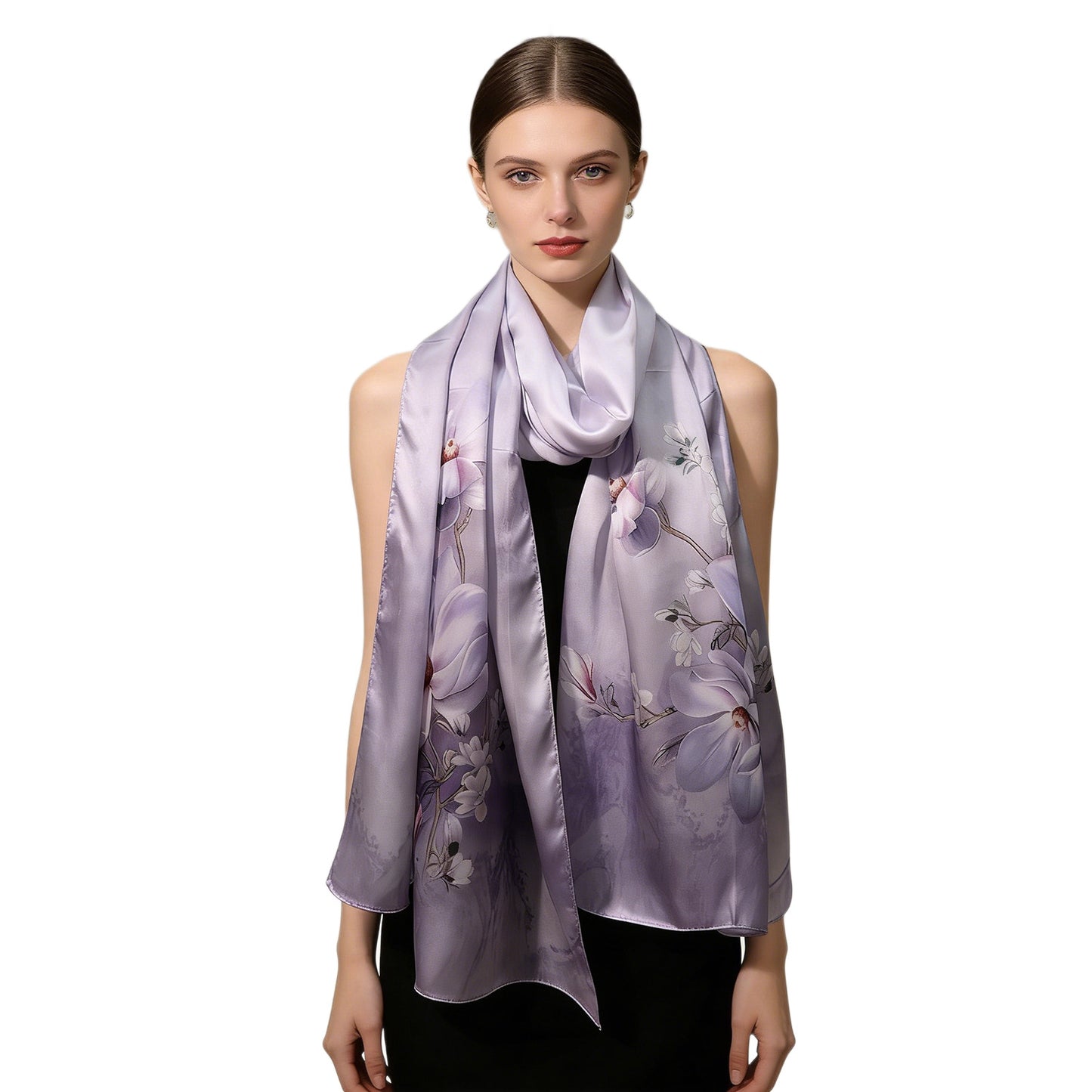 100% Mulberry Silk Scarf – Floral Print Long Wrap, Lightweight Spring Shawl