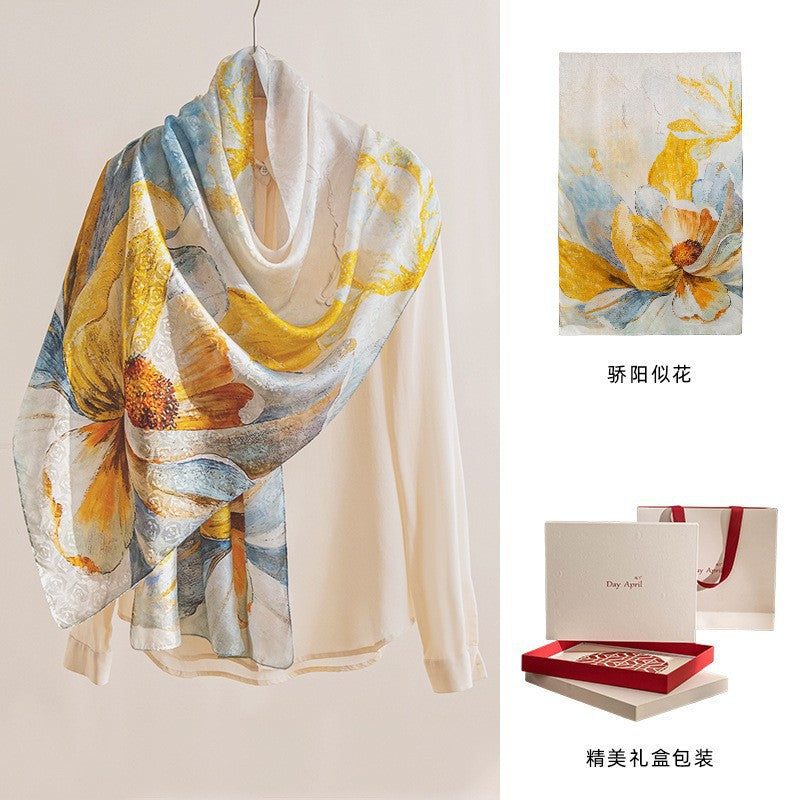 Pure Silk Floral Print Long Scarf – Elegant Pashmina-Style Wrap, Gift Boxed