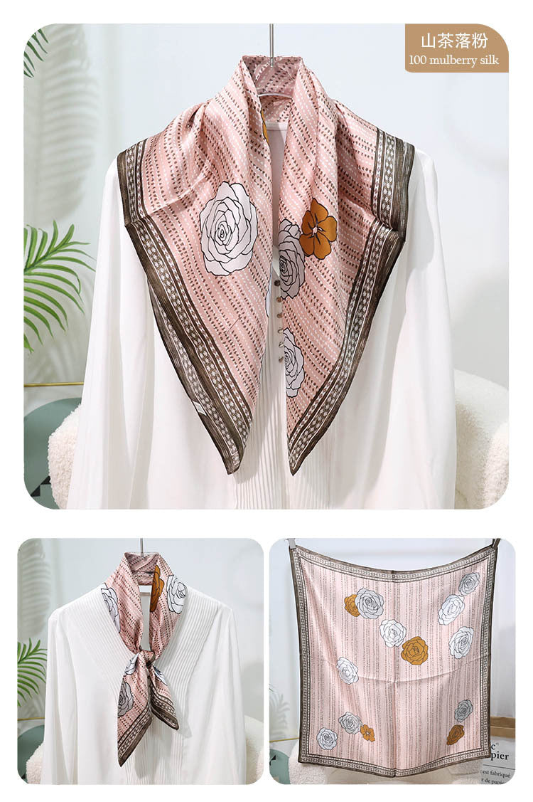 Mulberry Silk Square Scarf – 100% Pure Silk Bandana with Vintage French Print, Spring Accessory for Women