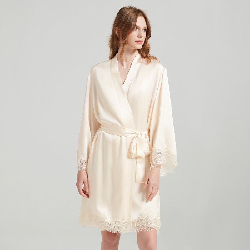 Women's 19 Momme 100% Mulberry Silk Lace-Trim Camisole & Robe Sleepwear Set