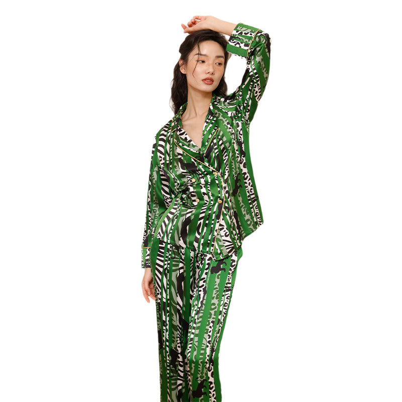 Back view of the silk suit set showing the relaxed fit of the pants