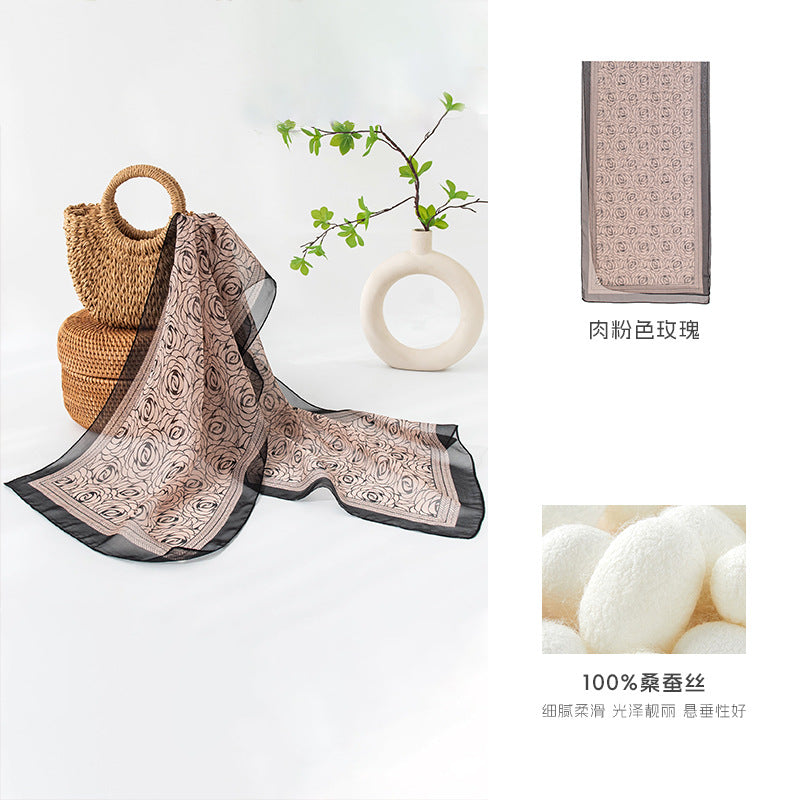 Floral Print Silk Scarf – Lightweight Mulberry Silk Wrap with Botanical Motifs for All Seasons