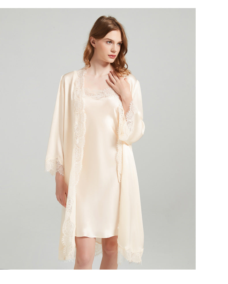 Lace Tie 100% Mulberry Silk Robe & Camisole Set – Romantic V-Neck Loungewear