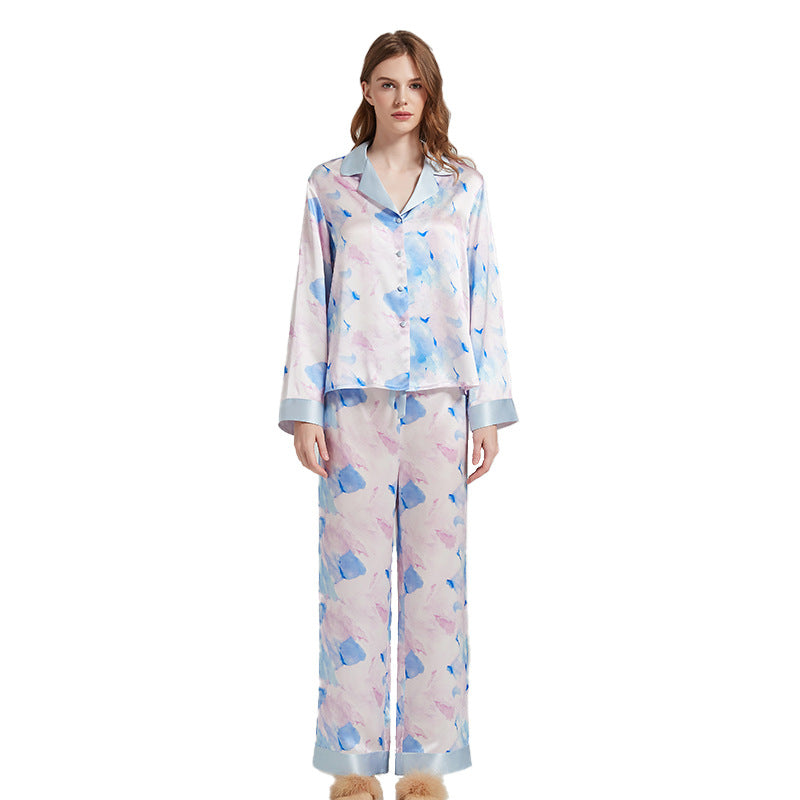 Detail of the silk pajama pants elastic waistband and watercolor print
