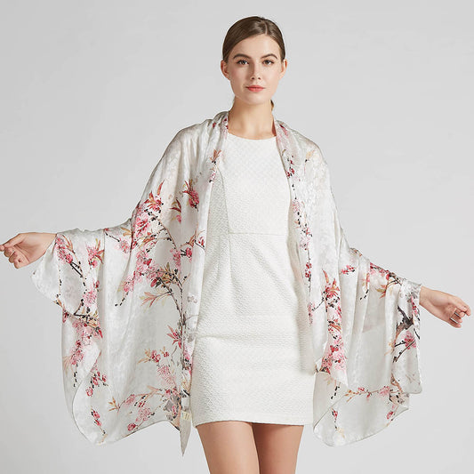 Mulberry Silk Long Scarf with Tone-on-Tone Jacquard Weave – Bohemian & Vintage Floral Print, 43 x 75 in