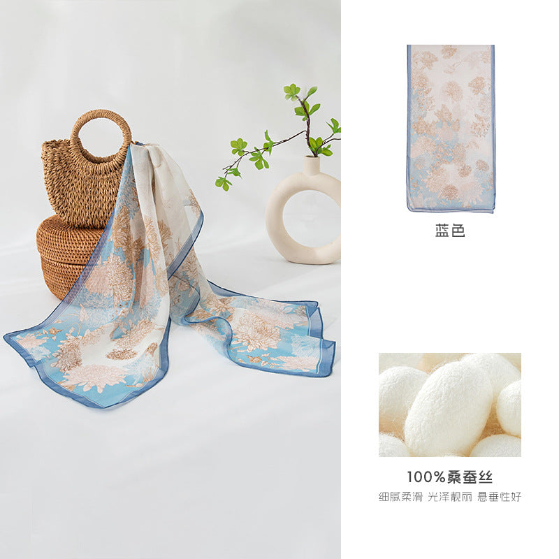 Mulberry Silk Long Scarf – 96%+ Pure Silk Polka Dot & Floral Print Lightweight Shawl for Spring and Summer
