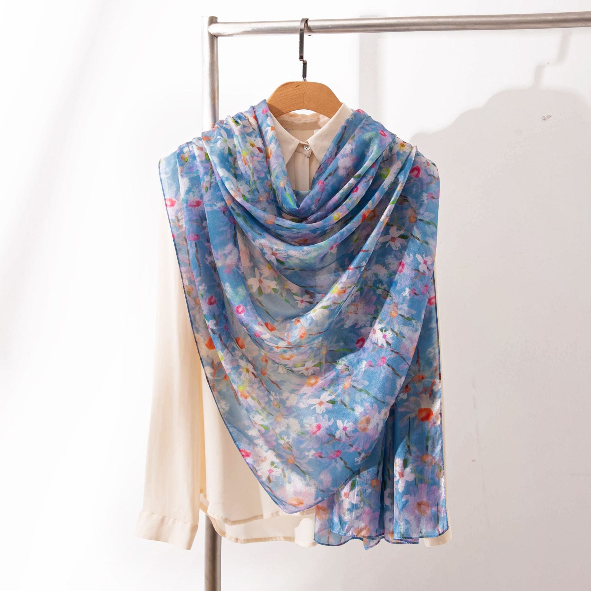 Mulberry Silk Long Scarf with Printed Patterns – Lightweight, Breathable Vintage Shawl for Spring, 69 x 43 in