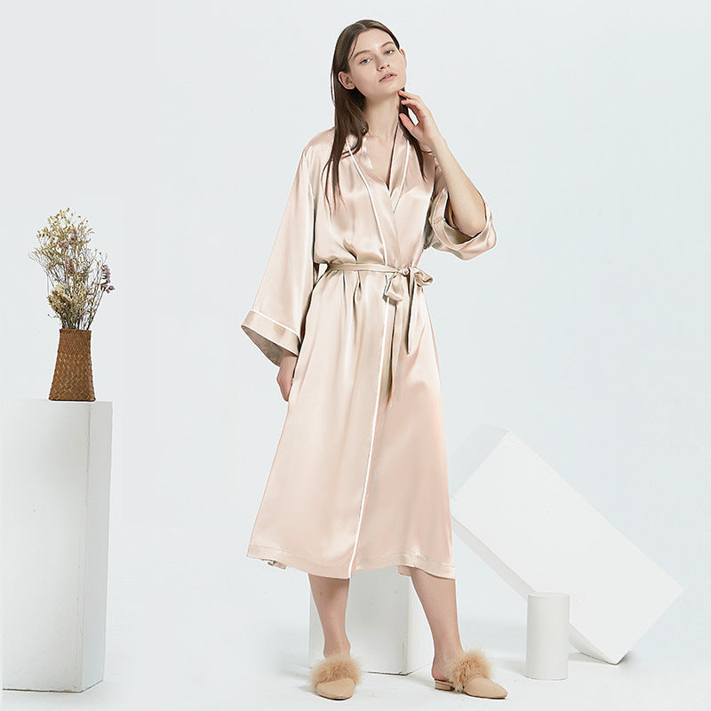 19 Momme Heavyweight 100% Mulberry Silk Long Robe – Long-Sleeve Open-Front Nightgown for Women