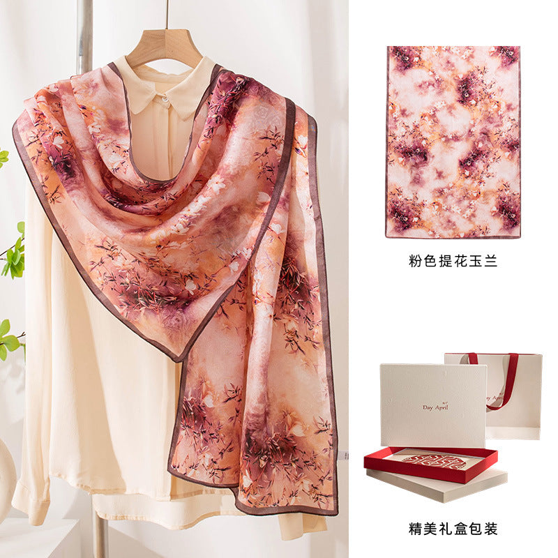 Pure Silk Floral Print Long Scarf – Elegant Pashmina-Style Wrap, Gift Boxed