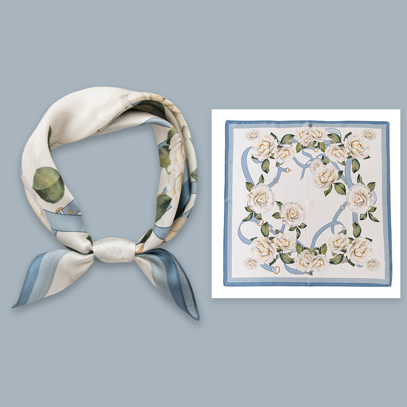 Mulberry Silk Square Scarf 53 cm Floral Print Bandana – Lightweight Neckerchief for Spring