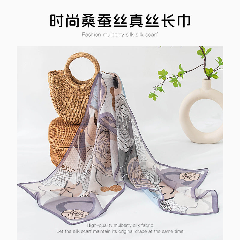 Floral Print Silk Scarf – Lightweight Mulberry Silk Wrap with Botanical Motifs for All Seasons