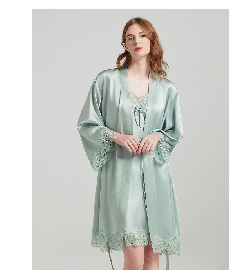 Women's 19 Momme 100% Mulberry Silk Lace-Trim Camisole & Robe Sleepwear Set