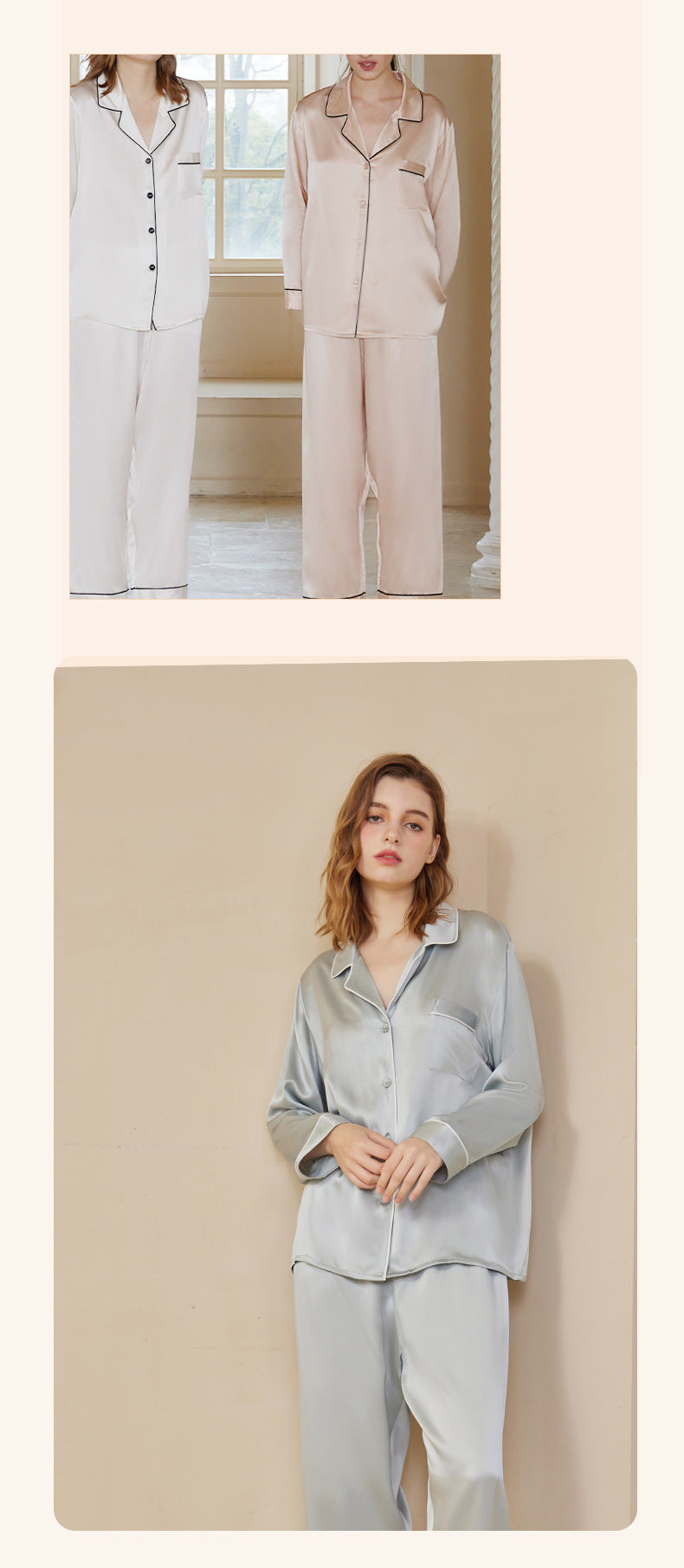 Button and piping detail on the long-sleeve silk top