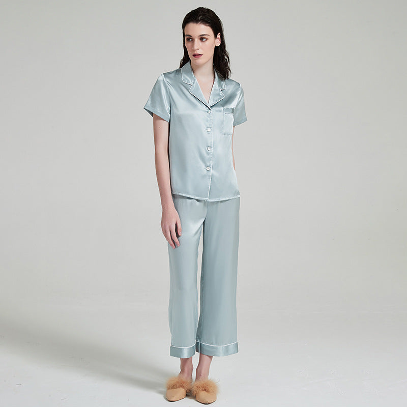 Mint green silk pajama set with notched collar detail