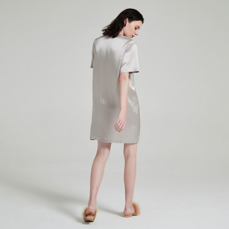 Back view of relaxed fit silk sleep dress in grey