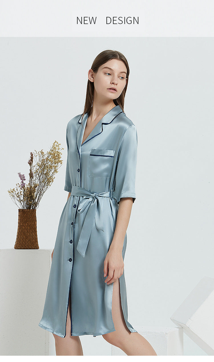 19 Momme Mulberry Silk Nightgown with Belted Waist, Retro Elegant Qipao-Inspired Sleepwear with High Side Slit
