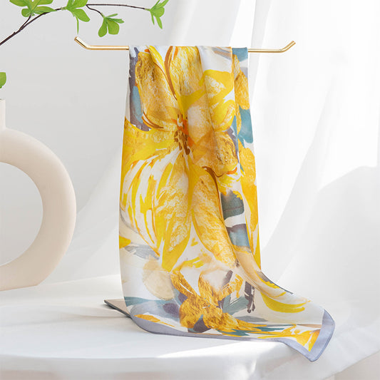Mulberry Silk Square Scarf 53 cm Floral Print Bandana – Lightweight Neckerchief for Spring