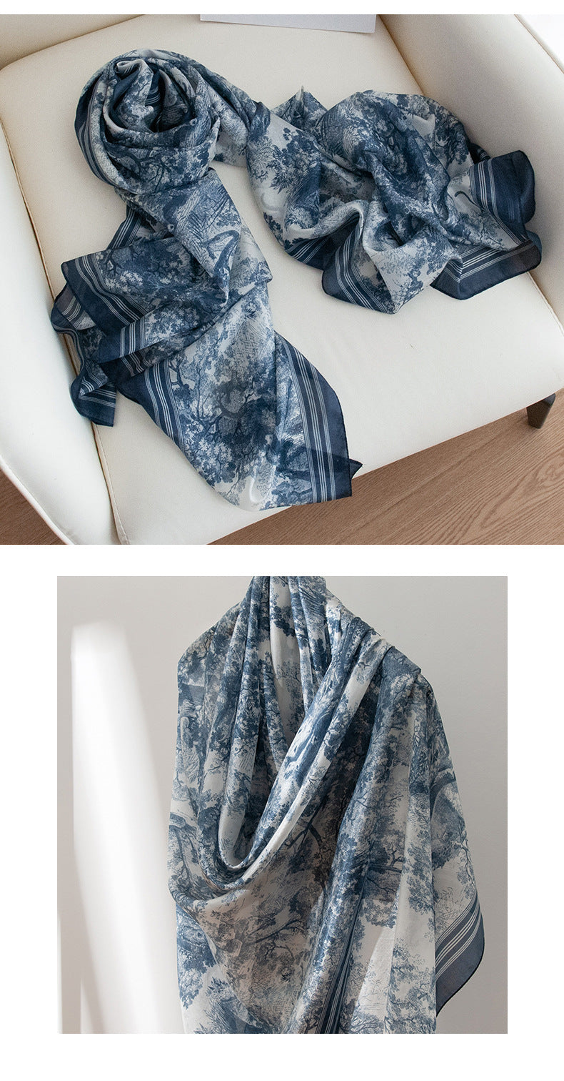 Mulberry Silk Long Scarf with Bohemian Floral Print – Lightweight Spring Shawl for Women