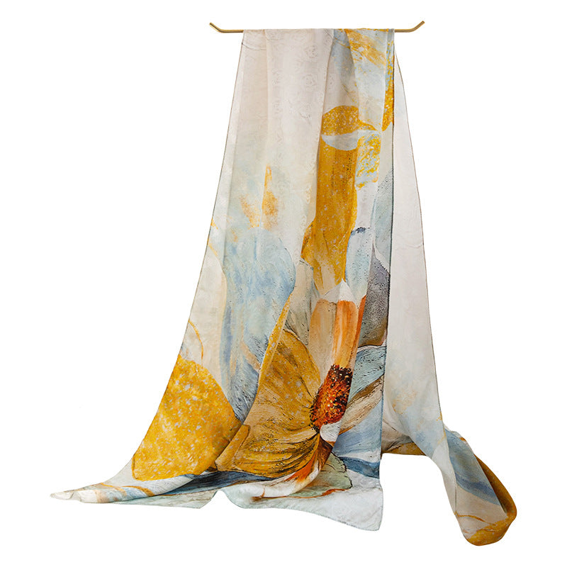 Mulberry Silk Long Scarf – Lightweight Floral Print Shawl for Spring & Summer, Original Design, 55 x 170 cm