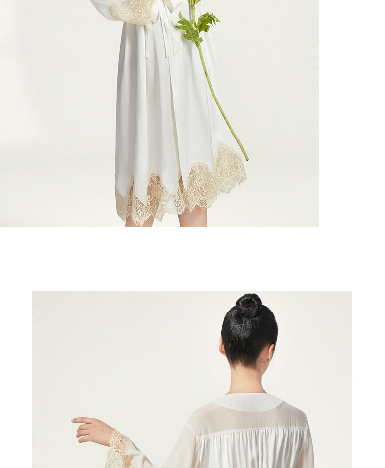 Lifestyle shot of silk robe with romantic floral styling