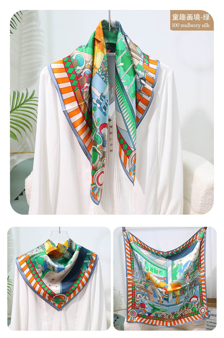 Mulberry Silk Square Scarf – 100% Pure Silk Bandana with Vintage French Print, Spring Accessory for Women