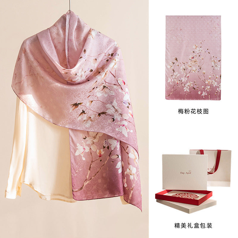 Pure Silk Floral Print Long Scarf – Elegant Pashmina-Style Wrap, Gift Boxed