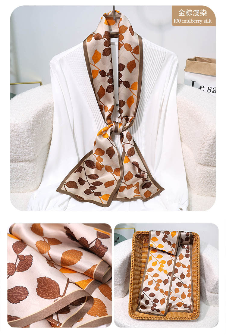 Printed Mulberry Silk Slim Scarf – 16 x 150 cm Long Neck Scarf with Trailing Ribbon for Spring