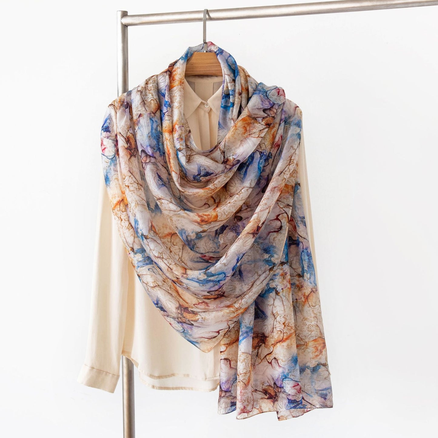 Mulberry Silk Long Scarf with Printed Patterns – Lightweight, Breathable Vintage Shawl for Spring, 69 x 43 in