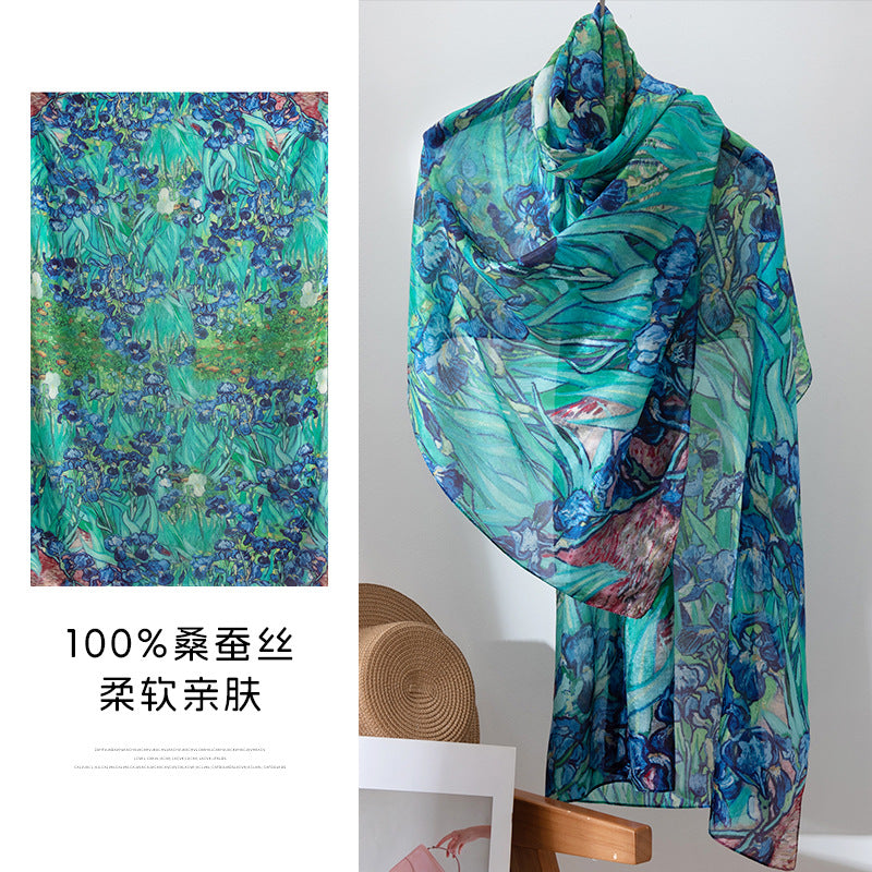 Mulberry Silk Long Scarf with Bohemian Floral Print – Lightweight Spring Shawl for Women