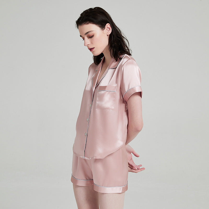 19 Momme 100% Mulberry Silk Short Sleeve Pajama Set – Notched Collar Loungewear with Shorts