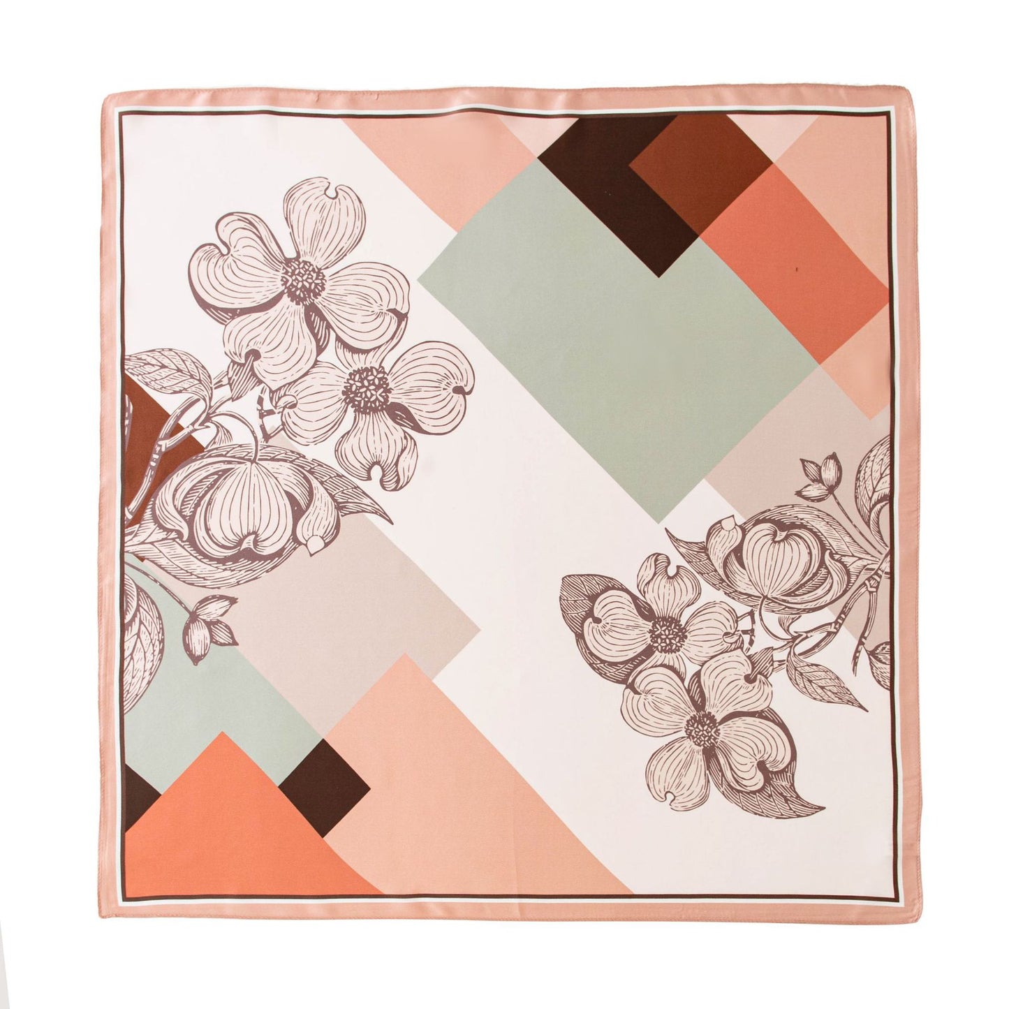 Mulberry Silk Square Scarf with Peony Print – 26 x 26 in, Hand-Rolled Hem