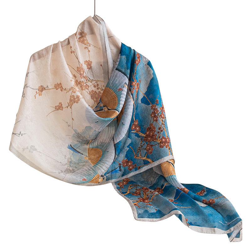 Mulberry Silk Long Scarf – Lightweight Floral Print Shawl for Spring & Summer, Original Design, 55 x 170 cm