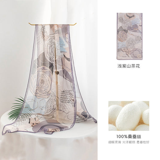 Floral Print Silk Scarf – Lightweight Mulberry Silk Wrap with Botanical Motifs for All Seasons