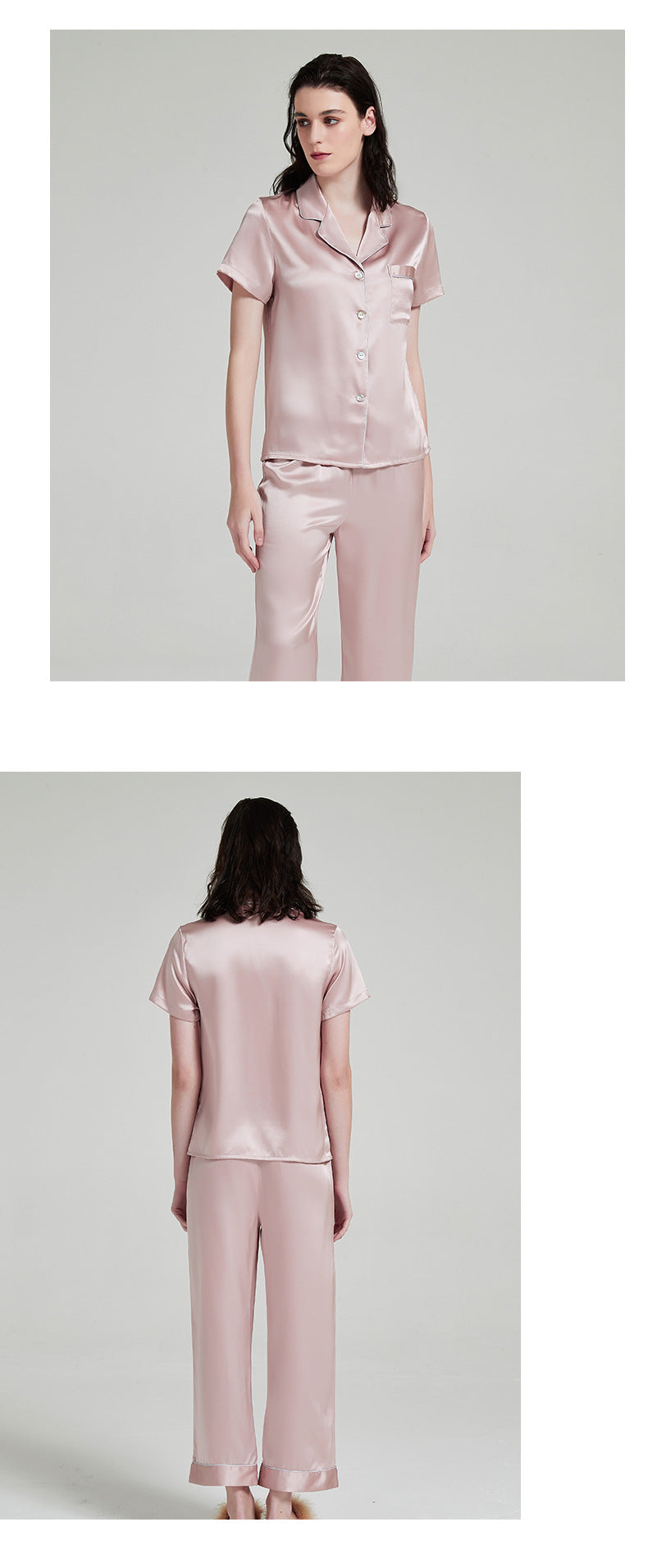 Back view of sweet lotus pink silk pajama set with long pants