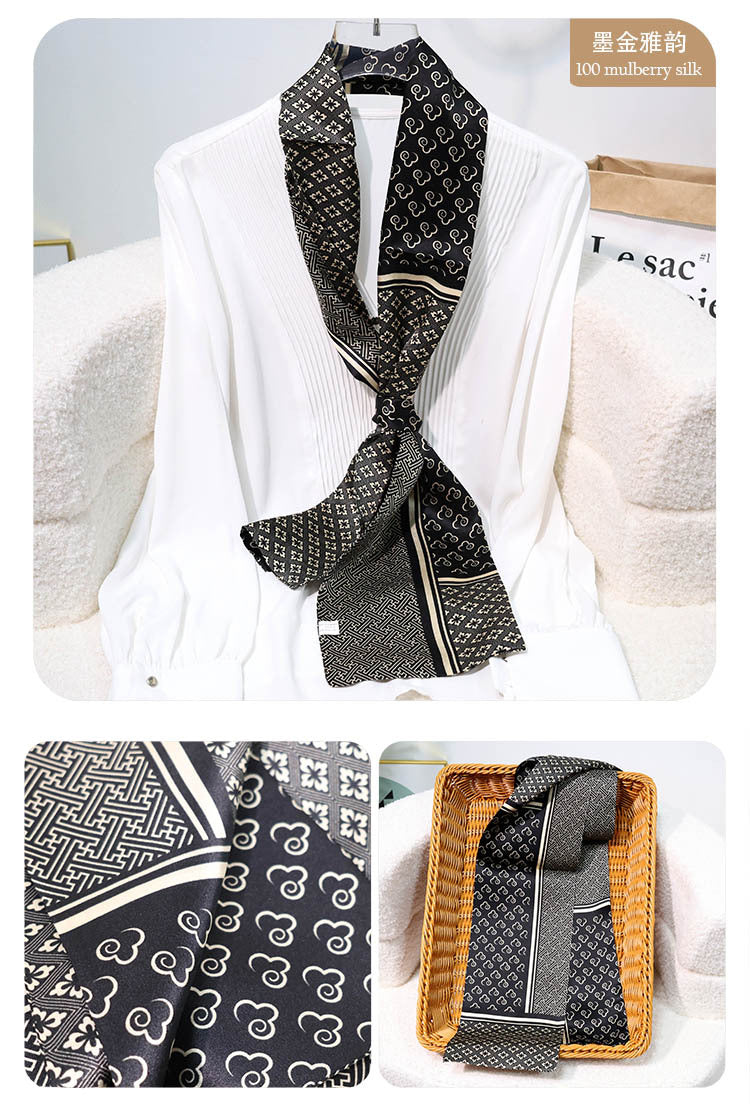Printed Mulberry Silk Slim Scarf – 16 x 150 cm Long Neck Scarf with Trailing Ribbon for Spring